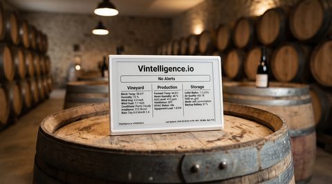 Vintelligence eInk display on wine barrel in cellar